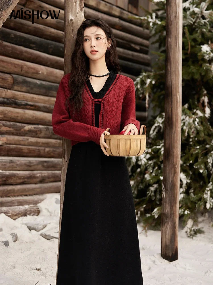 MISHOW Red Knitted Cardigan V-Neck Midi Dresses Separately A-LINE Temperament Grace Dress Flower Lace-up Warm Coat MXD58L2085
