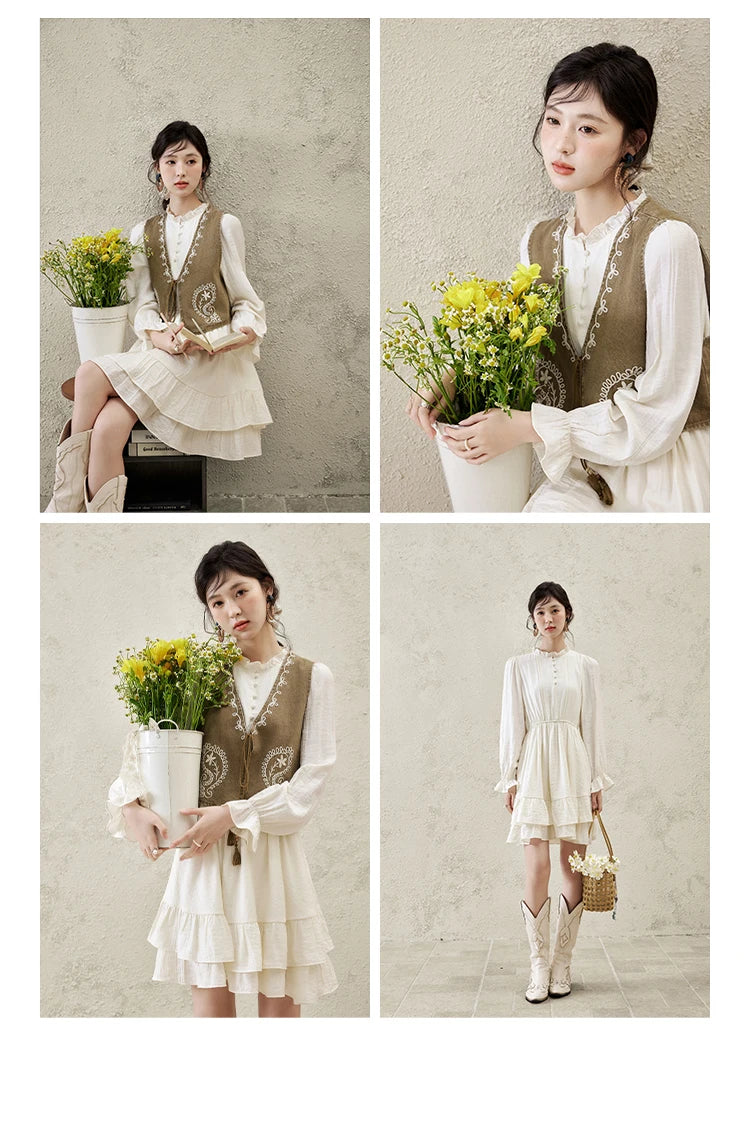 MISHOW Spring Elegant Vests Dress Separately Women 2025 Solid Long Puff Sleeve Midi Dresses Print Denim Vest Fashion MXE16L2197