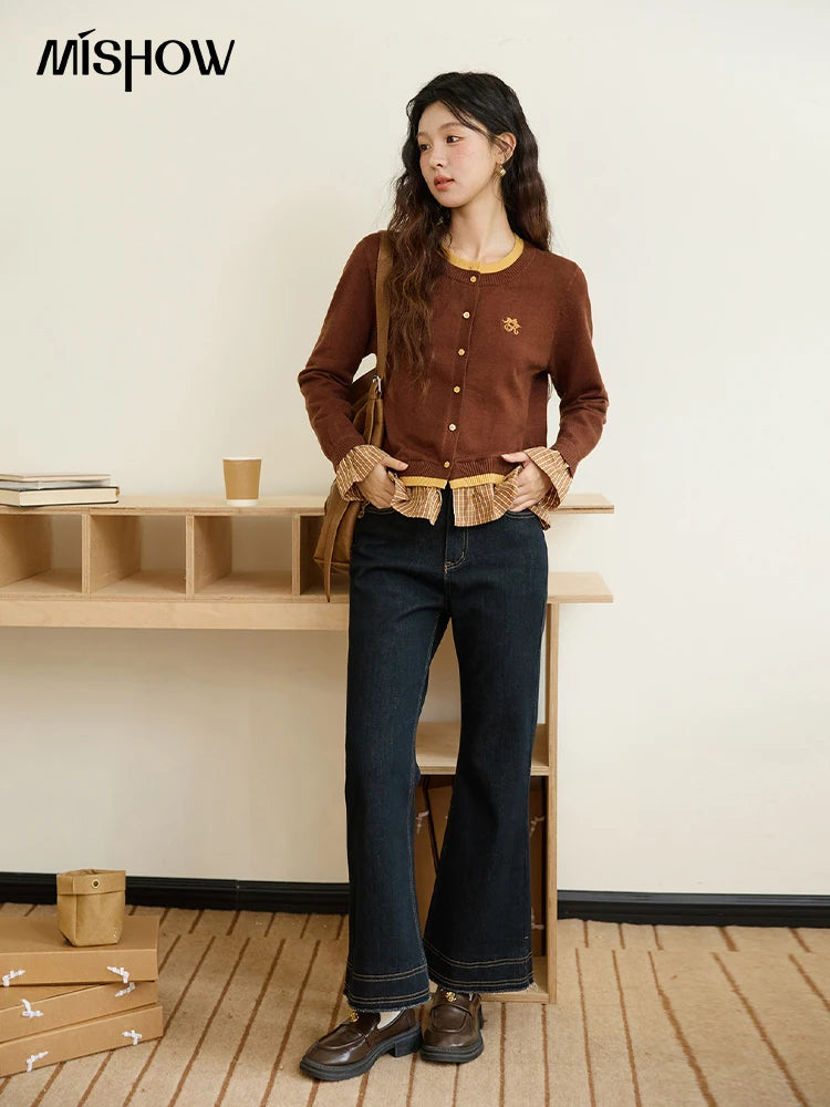 MISHOW Fake Two Knitted Sweaters Autumn Retro Color Contrasting Bow Embroidered Sweater Hemp Cuff Splicing Plaid Top MXE46Z2495