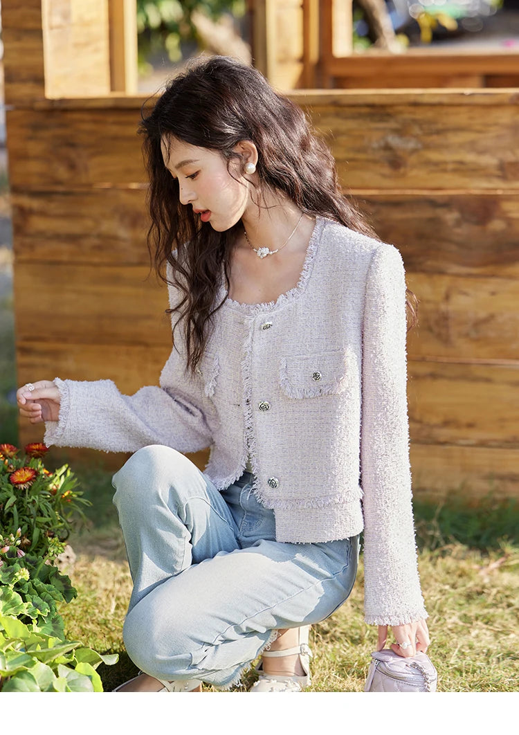 MISHOW Tassel Fragrant Coat for Women 2025 Spring Rose Buckle Weave Short Coats Elegant Square Neck Straight Coats MXE13W0733