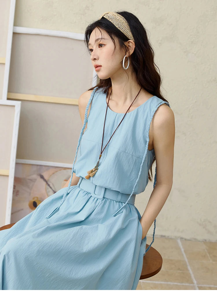 MISHOW Women's Vest Dress 2025 Summer Hand Woven Fried Dough Twists Waist Belt Slim Long Dress A-line Vacation Dress MXE34L2223