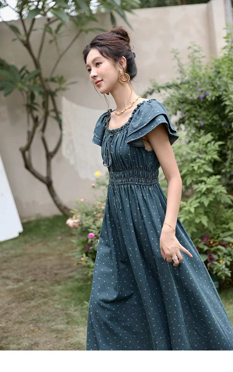 MISHOW Lace Up Flying Sleeve Polka Dot Dress Summer 2024 High Waist Pleated Long Dresses Square Neck Denim Dress MXD30L2022