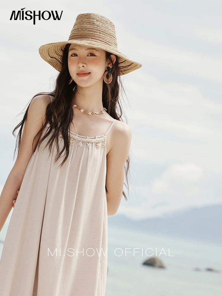 MISHOW Lotus Pink Camisole Dress for Women Summer 2025 Sleeveless Solid Shell Ribbon Dresses Female Fashion Shirring MXE33L2156