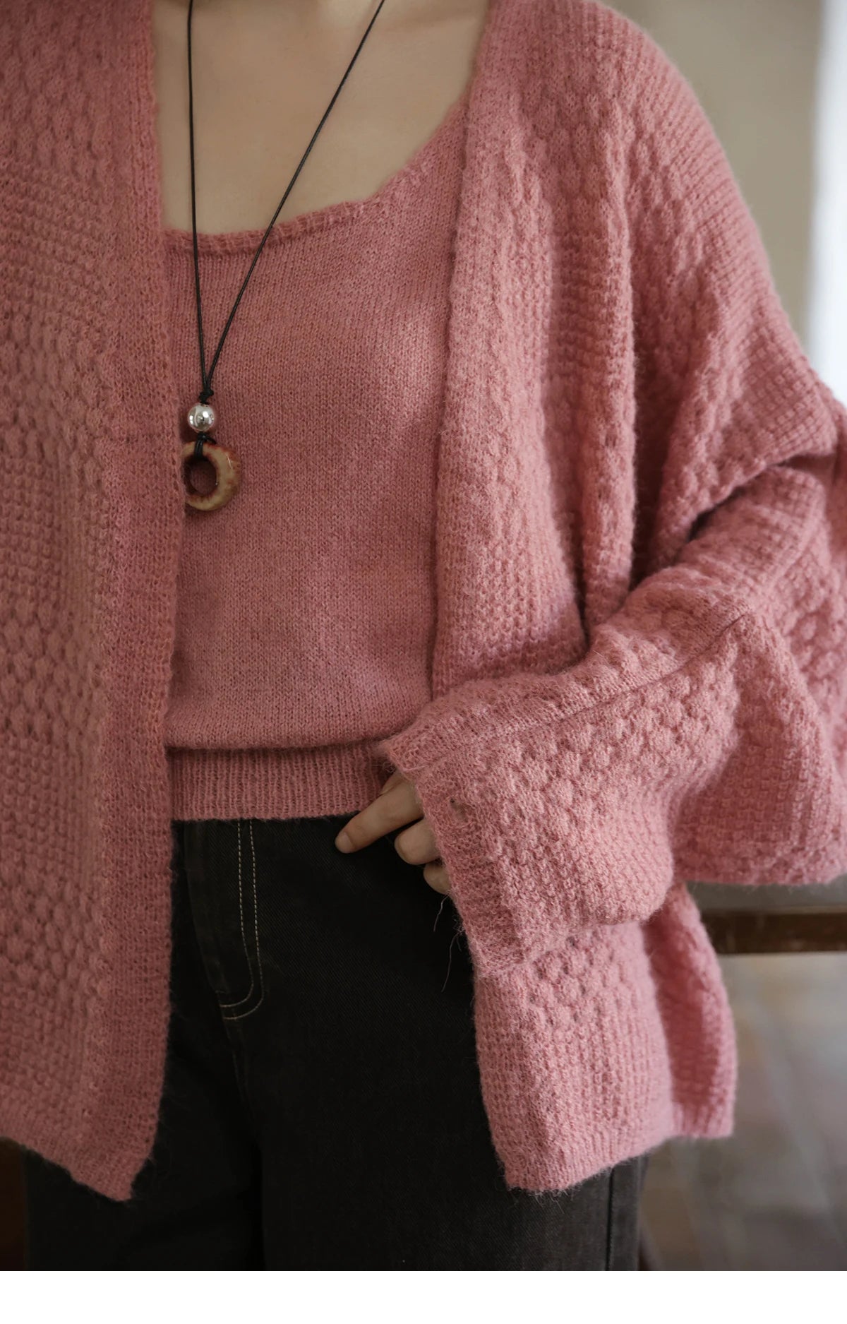 MISHOW Women's Pink Knit Two-Piece Set 2025 Autumn Sweet Long Sleeves Cardigan with Vest Casual Women's Clothes Set MXE44T0737