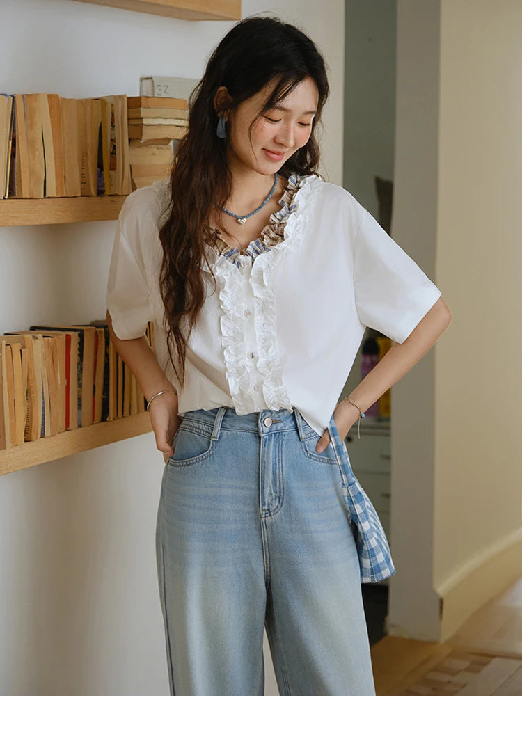 MISHOW Fashion V-neck Shirt for Women Summer 2025 Thin Short Sleeve Patchwork Double Layer Fungus Edge Button Top MXE35X1793