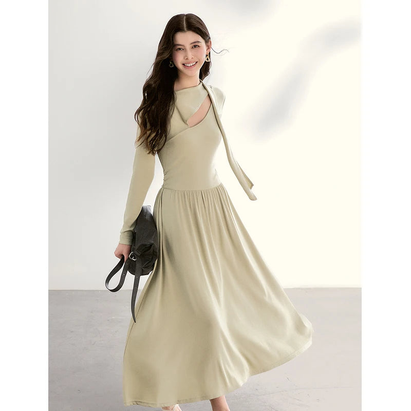 MISHOW Women's Light Green Midi Dress 2026 Spring Cutout Neck Hollow Out Ribbon Dresses Elegant Long Sleeve Dress MXF13L2556