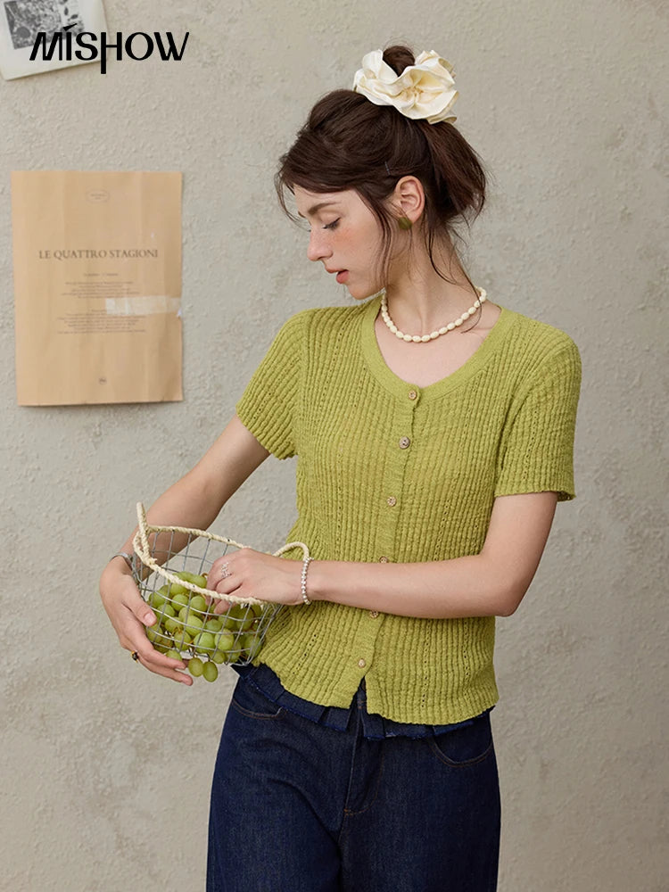 MISHOW Summer Knitted T-Shirts 2025 New Solid Short Sleeve Round Neck Thin Tops Female Fashion Versatile Office Lady MXE31Z1229