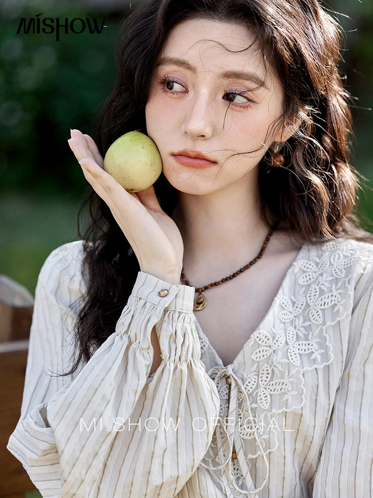 MISHOW French Retro V-neck Lace-up Striped Shirt for Women Spring 2025 Embroidered Lace Long Sleeve Top Casual Shirts MXE12X1715