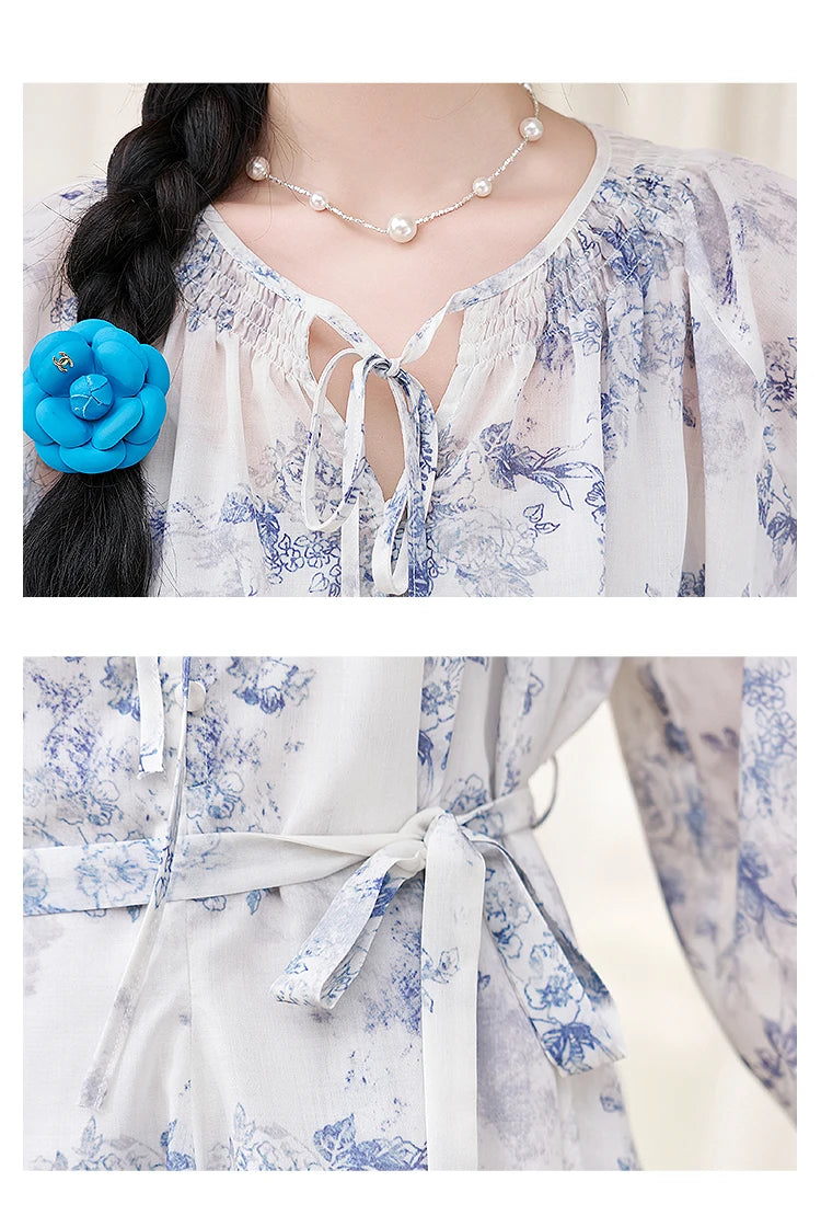 MISHOW Fairy Temperament Floral Puff Sleeved Chiffon Dress Spring Summer 2025 Lace-up O Neck Waist Knee-Length Dress MXD14L1681