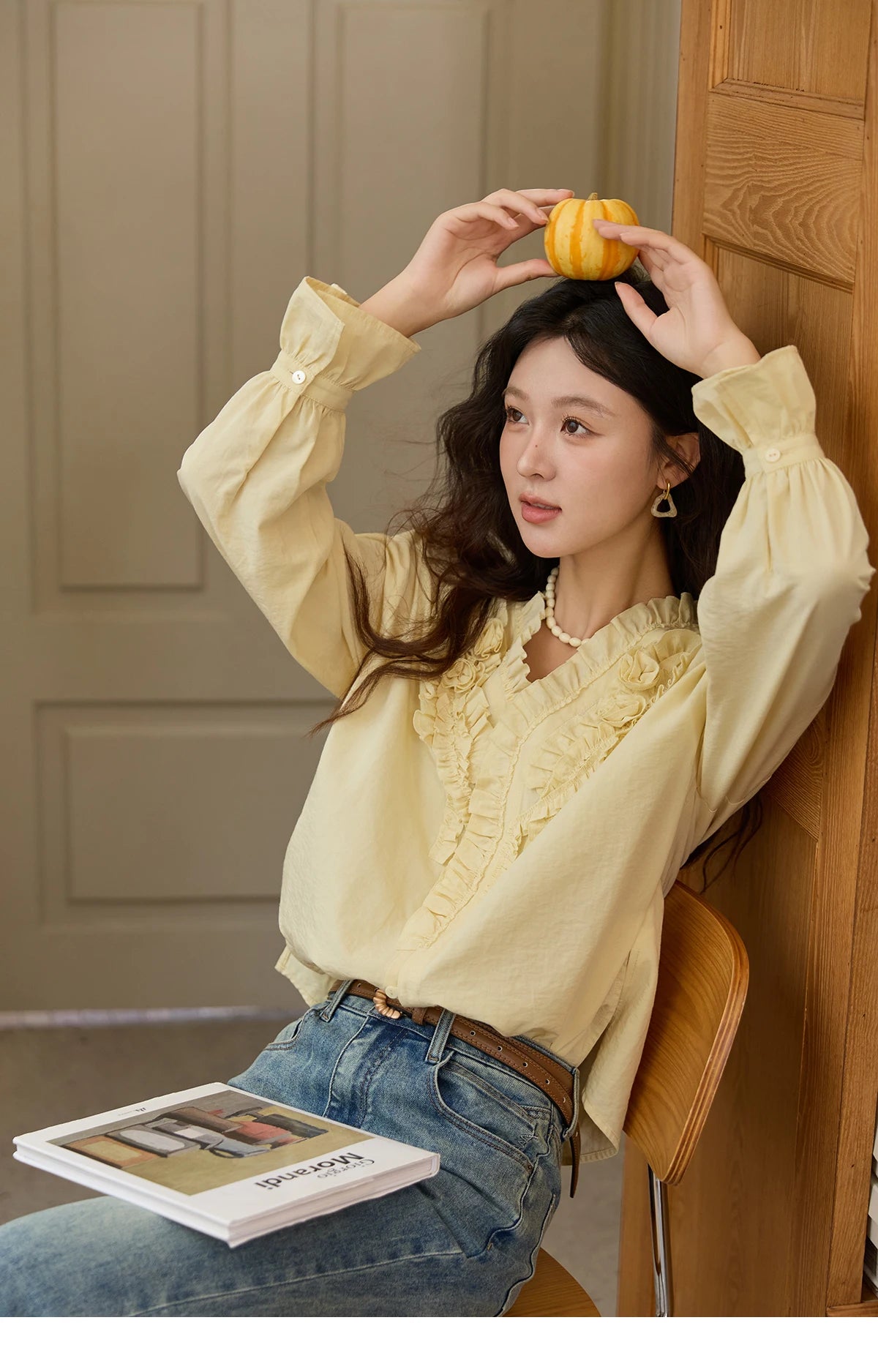 MISHOW Hand Sewn Rose Blouse for Women Autumn 2025 V-neck Edible Tree Fungus Edge Tops Sweet Lantern Sleeves Blouses MXE44X2470