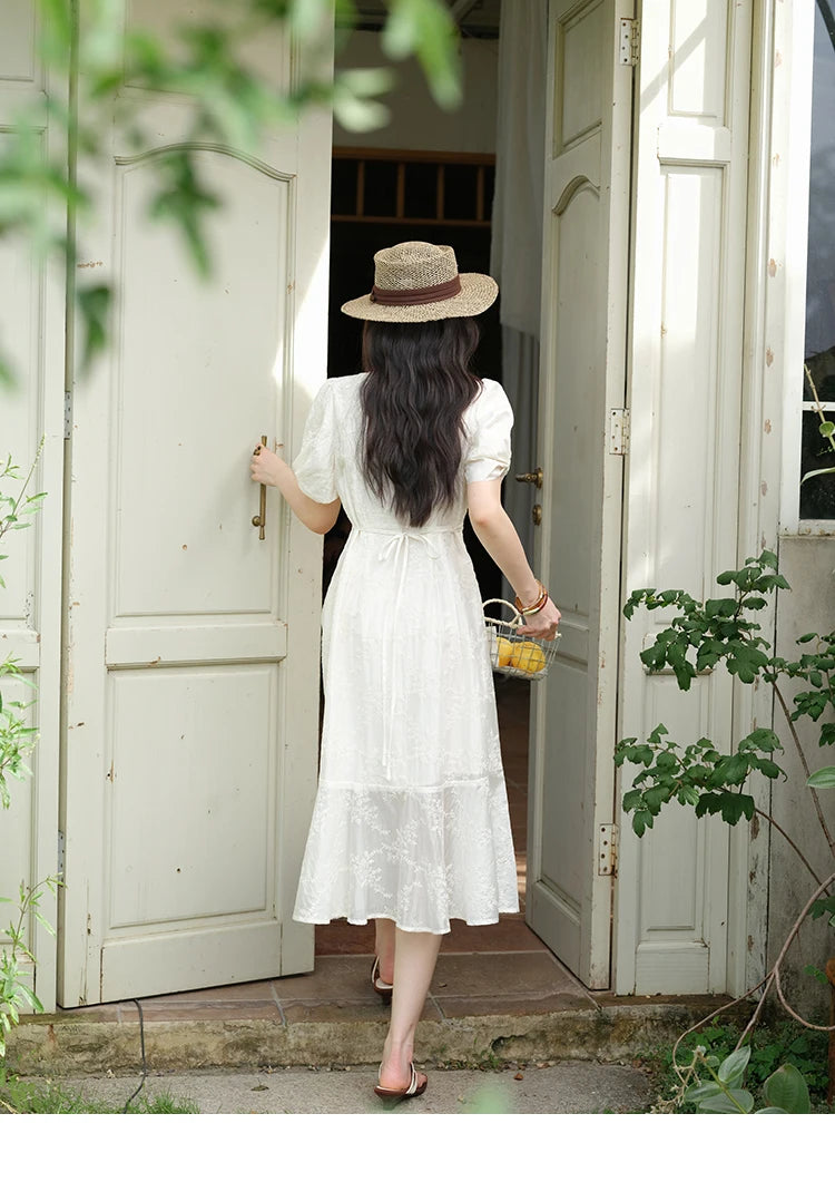 Mishow V-Neck Lace Embroidery Puff Sleeve Dress MXE39L2432