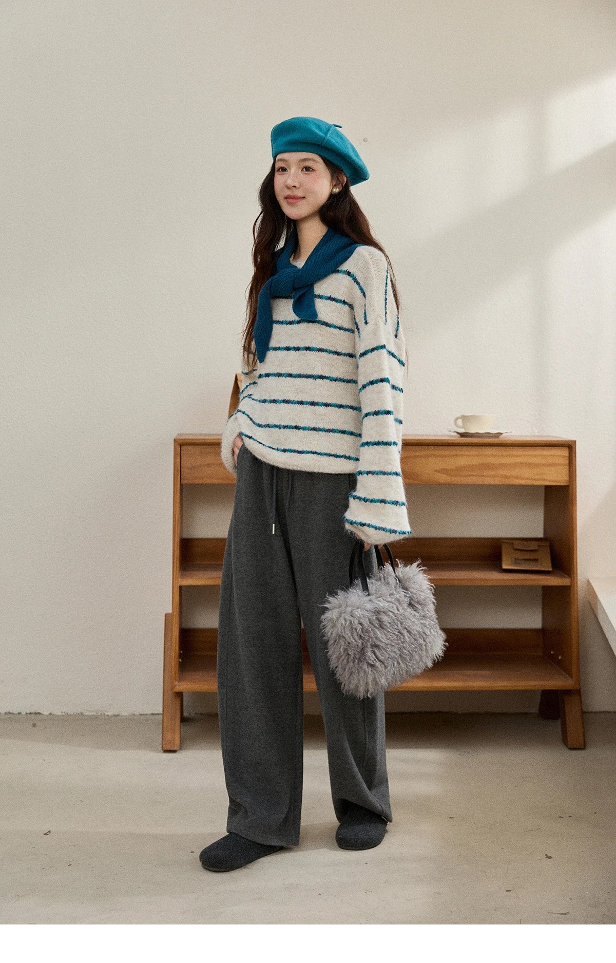 MISHOW Women's Blue Striped Sweater 2025 New Alpaca Wool Shawl Scarf Set Retro Loose Casual Knit Top Winter Clothes MXE90Z2821