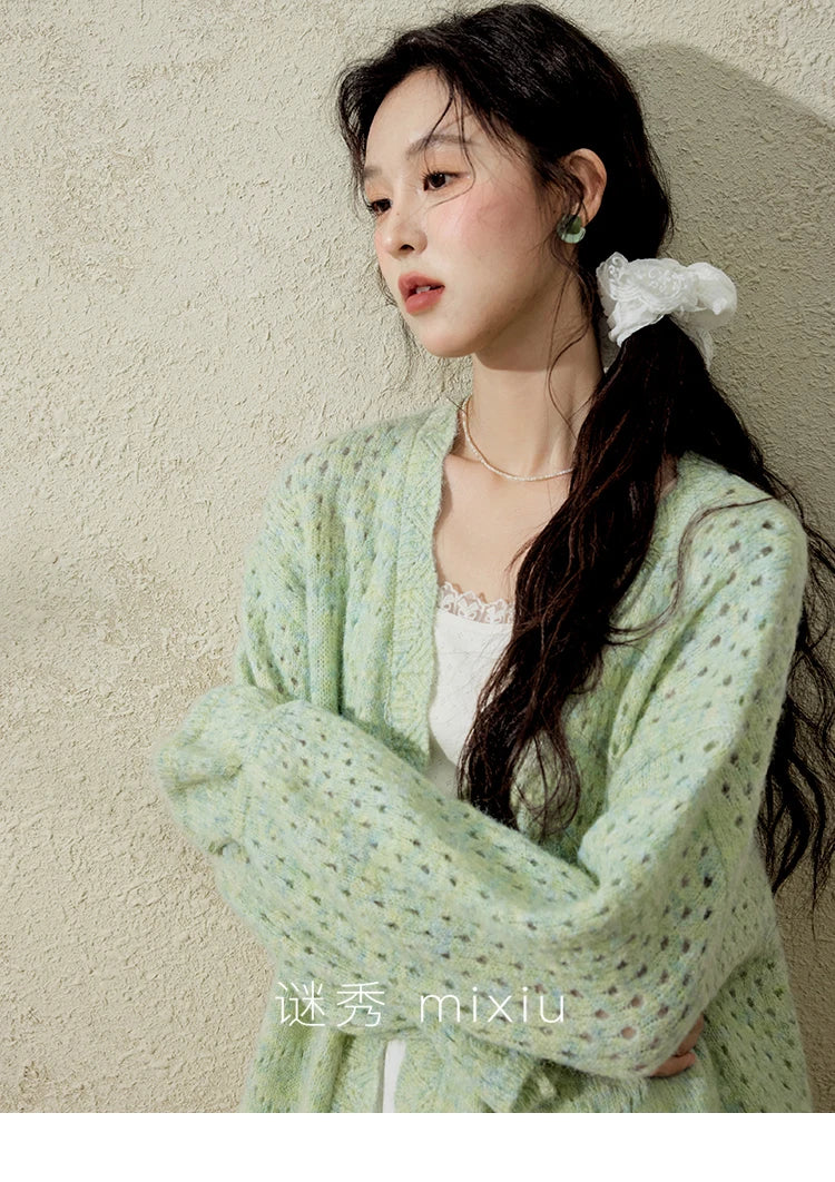 MISHOW Green Knitted Cardigan for Women Spring 2025 Loose Hollow Out Wave Neck Commuting Slim Open Stitch Cardigan MXE12Z1212