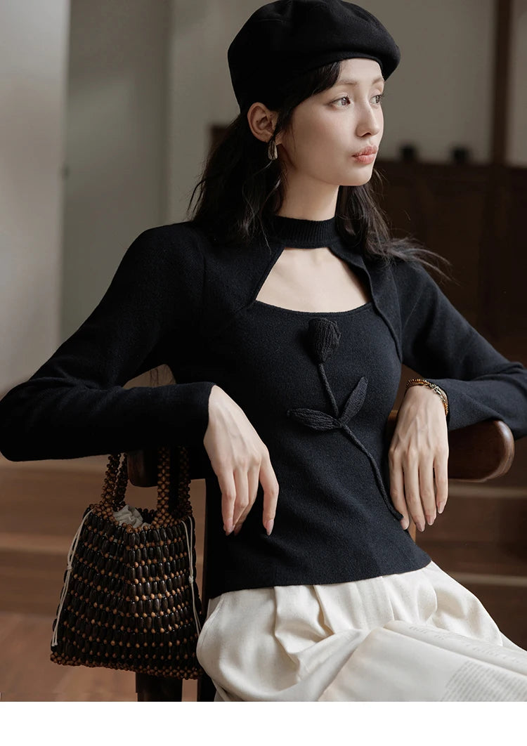 MISHOW Women’s Black Tulip Knitted Sweater French Vintage Hollow Out Sweaters Mock Neck 2024 Fall Elegant Slim Top MXD42Z0731
