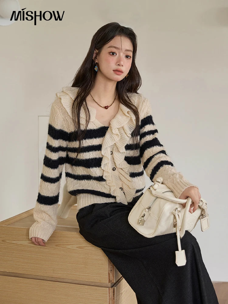 MISHOW Striped Sweater for Women 2025 Autumn New Asymmetrical Ruffled Diamond Shape Knitted Retro Women's Cardigan MXE51Z2633