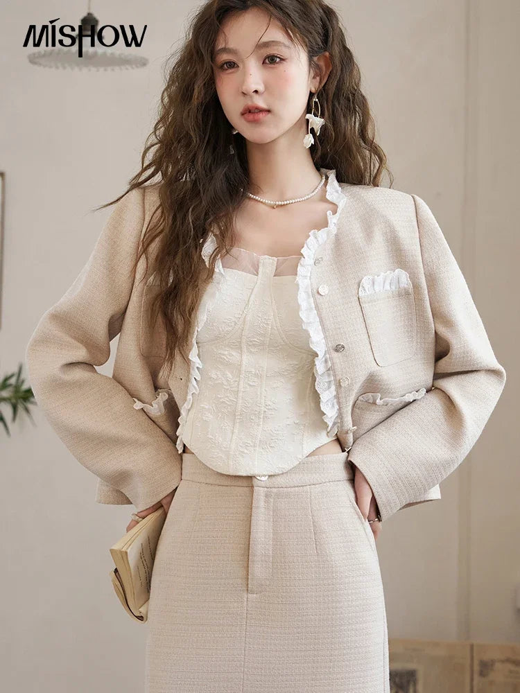 MISHOW French Fragrant Coat Solid Skirt Separately 2025 Spring Collar Pocket Splicing Lace Top Hem Split Back Skirt MXD12W0274