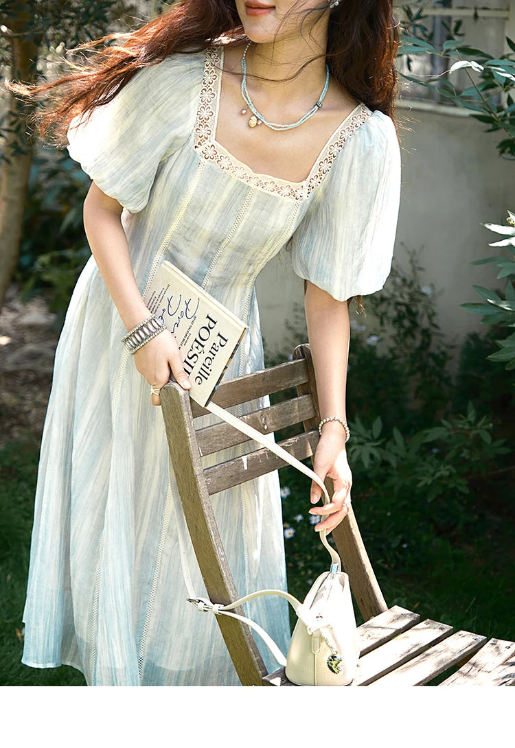 MISHOW Women's Summer Dress 2025 New Fashion Striped Square Neck Spliced Lace Hollow Out Dress Waist Lace Up Dresses MXE39L2403