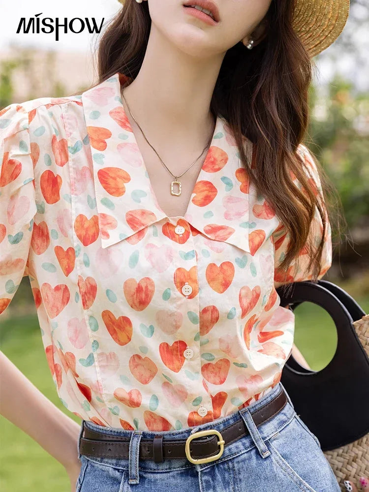 MISHOW Korean Chic Fashion Women Stylish Blouses Summer French Sweet Retro Floral Polo-neck Puff Sleeves Tops MXB27C0450
