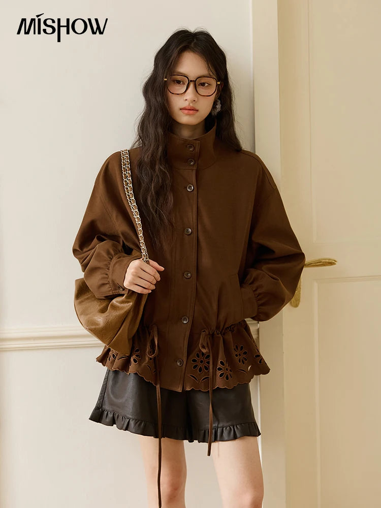 MISHOW Hollow Embroidered Trench for Women Autumn 2025 Drawstring Waist Coffee Jacket Lapel Single Breasted Coat MXE48W0855