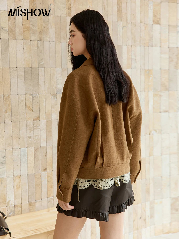 MISHOW Brown Woolen Coat for Women 2025 Winter Hollow Out Embroidery Turn Down Collar Retro Short Loose Casual Coat MXE49W0856