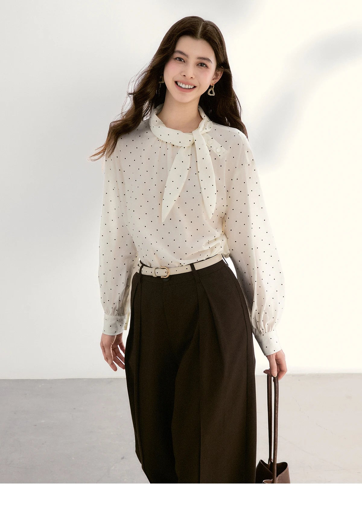 MISHOW Women's White Polka Dot Blouse Spring Bow Tie Neck Sheer Chiffon Blouses Casual Long Sleeve Top Office Lady MXF13X2531