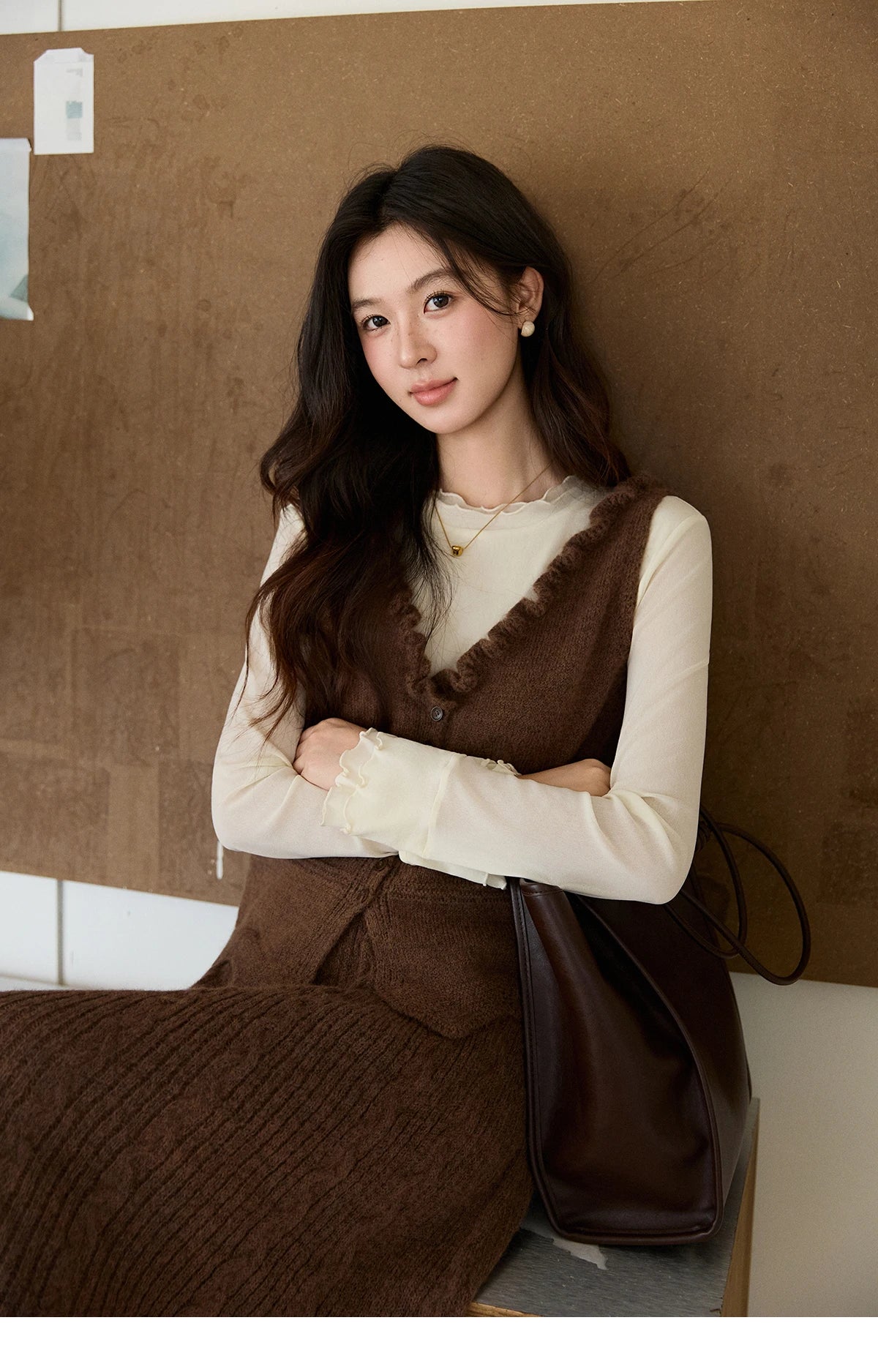 MISHOW Women's Brown Two-Piece Set 2026 Spring Knitted Vest V-Neck Cable Knit Maxi Skirt Casual Retro Warm Outfit MXF11T1460