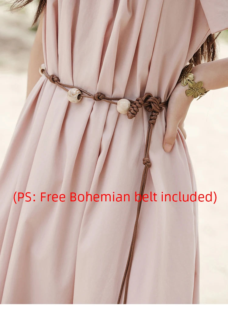 MISHOW Bohemian Pink Women‘s Summer Dresses Women 2025 Short Sleeve Square Collar with Belt Dress Lady New Fashion MXE33L2158