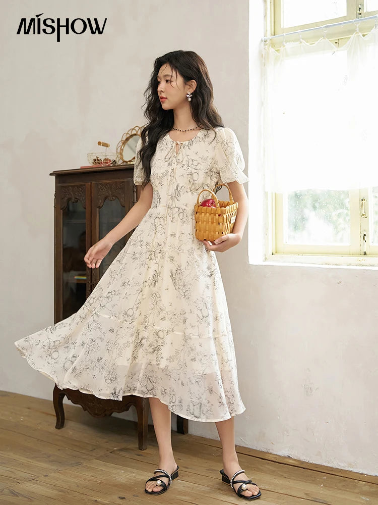 MISHOW Women's Print Chiffon Dresses 2025 Summer New Floral Short Sleeve Mid-length A-line Lace-up French Lady Dress MXD27L1841