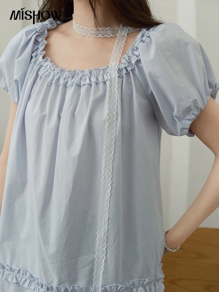 MISHOW Women's Fashion Puff Sleeve Blouse 2025 Summer Casual O-Neck Edible Tree Fungus Spliced Top Female Clothing MXE39X1929