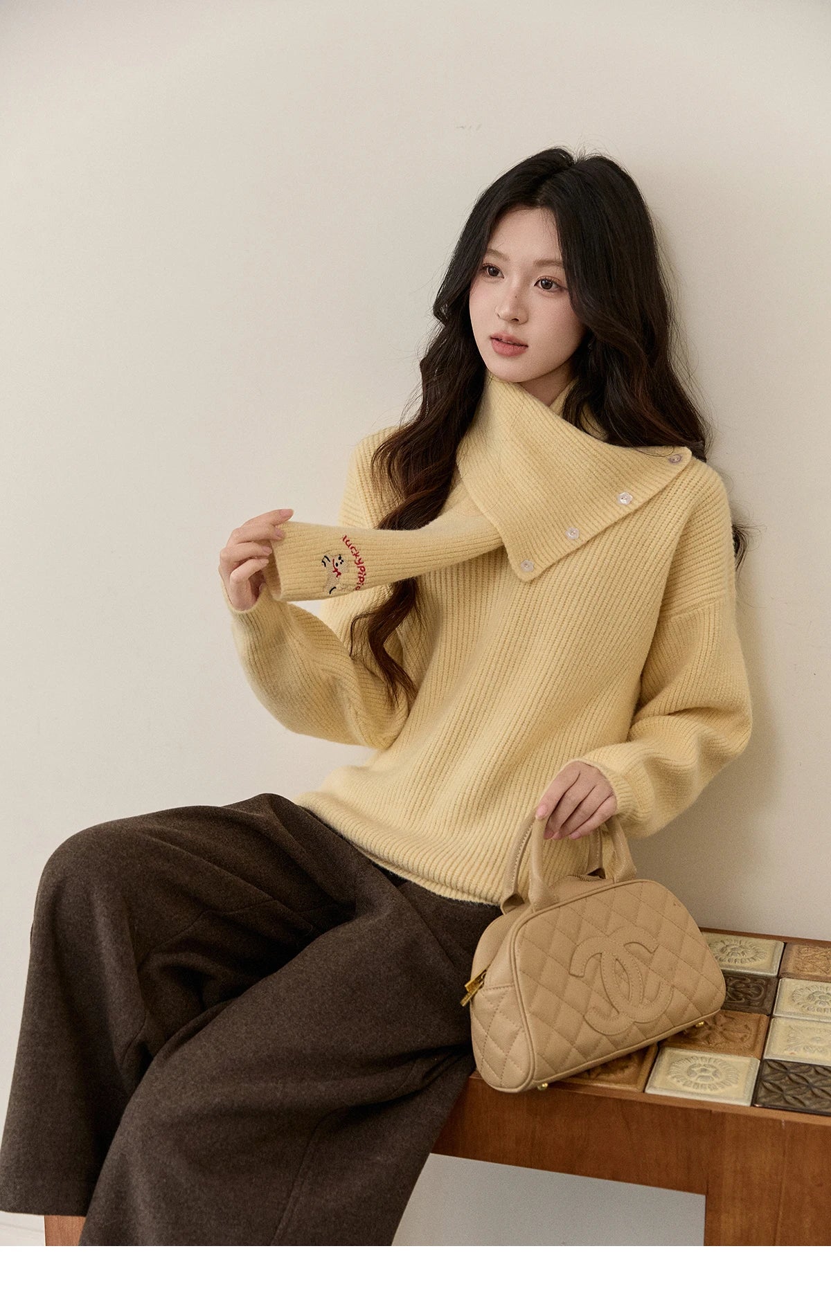 MISHOW Women's Yellow Sweater with Detachable Scarf 2025 Autumn Winter Loose Casual Warm Thickened Knit Pullover MXE93Z2953