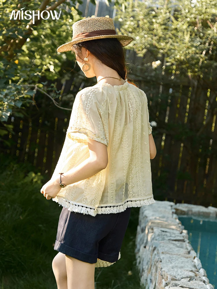 MISHOW Women's Embroidery Jacquard Blouse 2025 Summer New Fashion O-Neck Lace Up Short Sleeve Blouse Female Clothing MXE37X1861