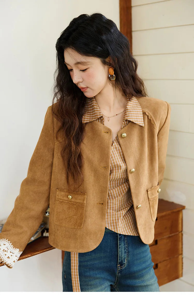 MISHOW Women's 100 Cotton Dark Orange Plaid Shirt Autumn Design Side Waist Lace-up Long Sleeved Shirts Office Lady MXE46X2494