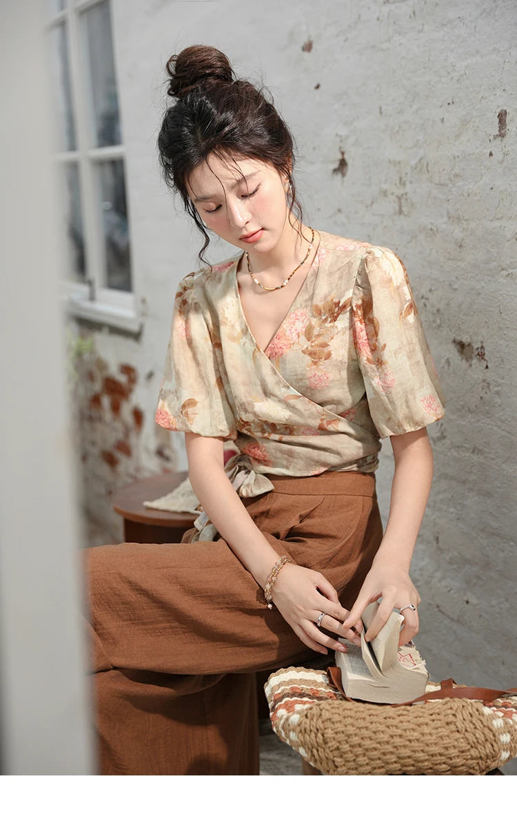 MISHOW French V-neck Floral Tops 2024 Summer Retro Short Sleeved Blouses Female Puff Sleeve Hem Strap One Piece Top MXD28X1619