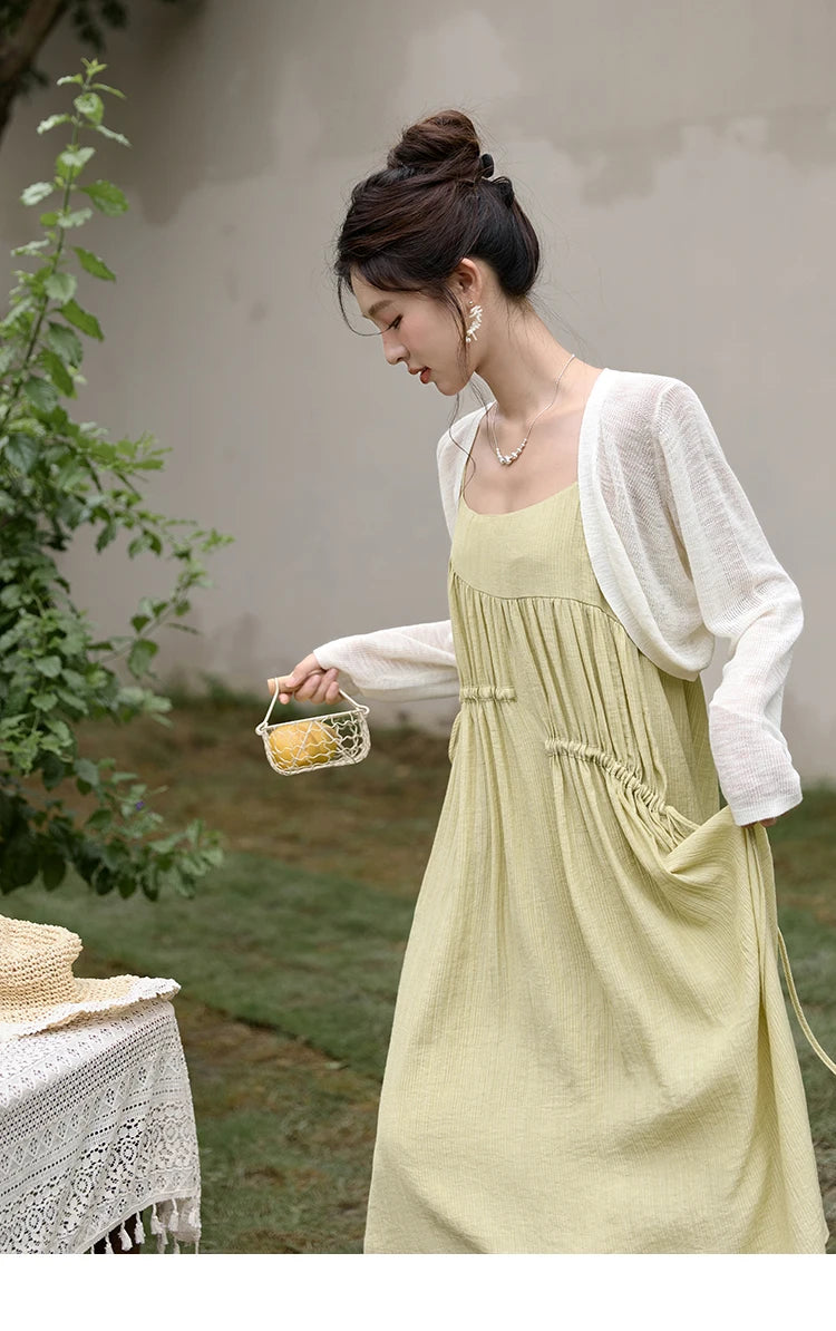 MISHOW Irregular Pleated Suspender Long Dress for Women 2025 Summer Olive Green Dress Loose Drawstring Waist Dresses MXD31L1928