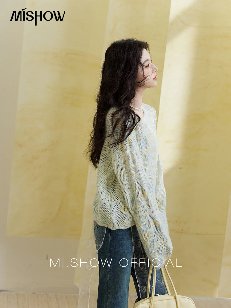MISHOW Women's Hollow Knitted Sweater 2025 Spring Loose Thin Dropped Shoulder Top Wool O Neck Hem Wavy Edge Sweaters MXE14Z1208