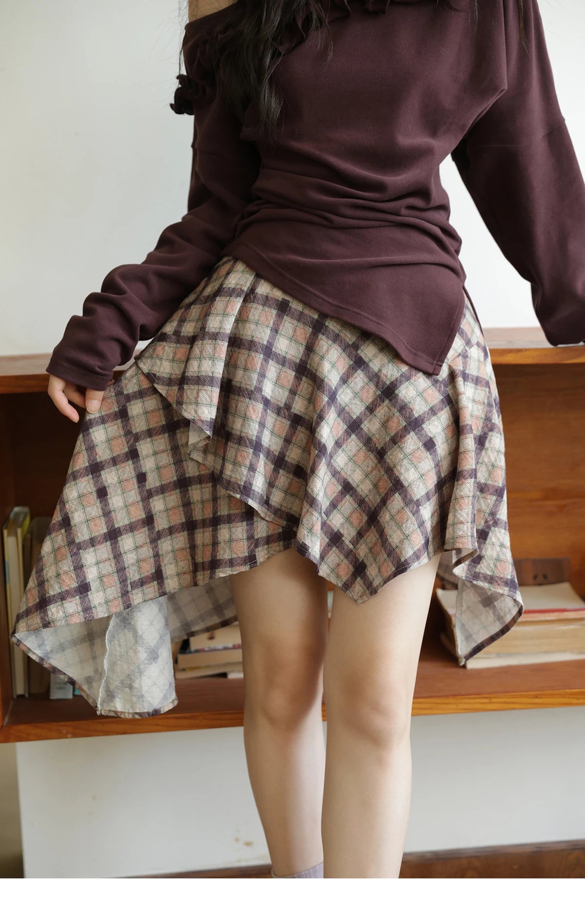 MISHOW Purple Plaid Irregular Skirt for Women Autumn 2025 Linen Blend Invisible Zipper Short Skirt Ruffle Hem Skirts MXE42B2395