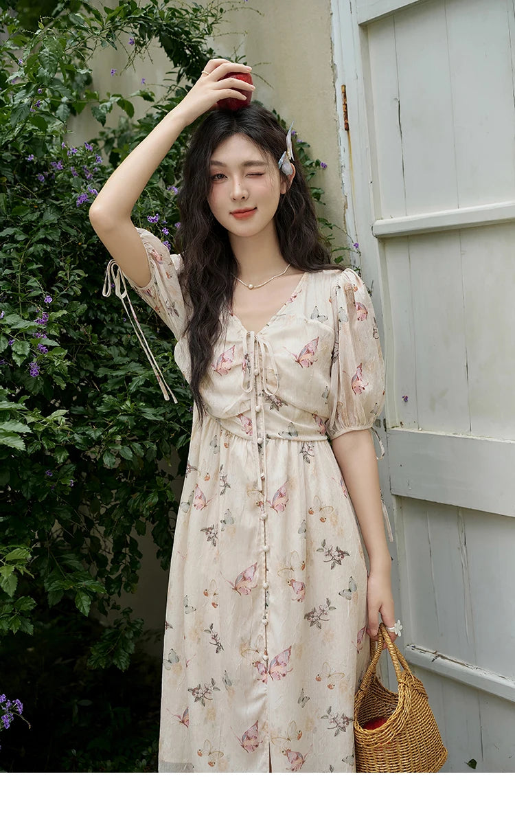MISHOW Butterfly Printing Dress for Women 2025 Summer Luxury Elegant V-neck Lace-up Bubble Sleeves Slim Long Dress MXD15L1778