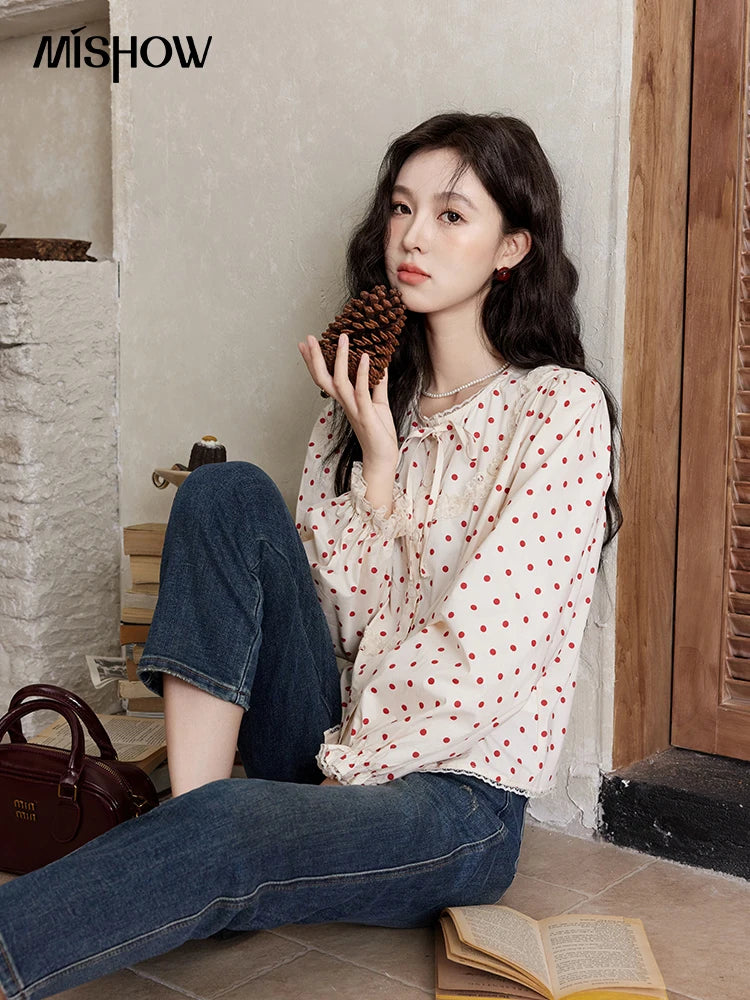MISHOW Lace Up Polka Dot Round Neck Lace Shirt for Women Autumn 2024 Thin Sweets Shirt Elastic Petal Cuffs Chic Top MXD44X1667