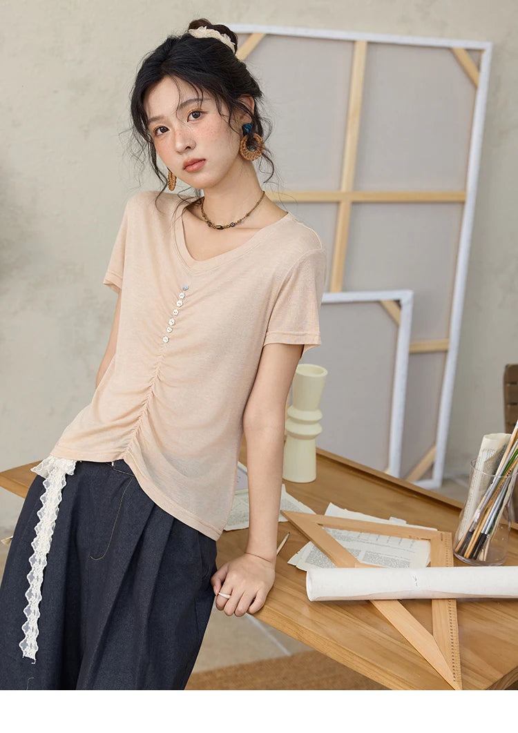 MISHOW V-neck Short Sleeve T-shirt Summer 2025 Mid Front Elastic Fold Single Row Shell Button Tees Casual Slim Tops MXE34T0560