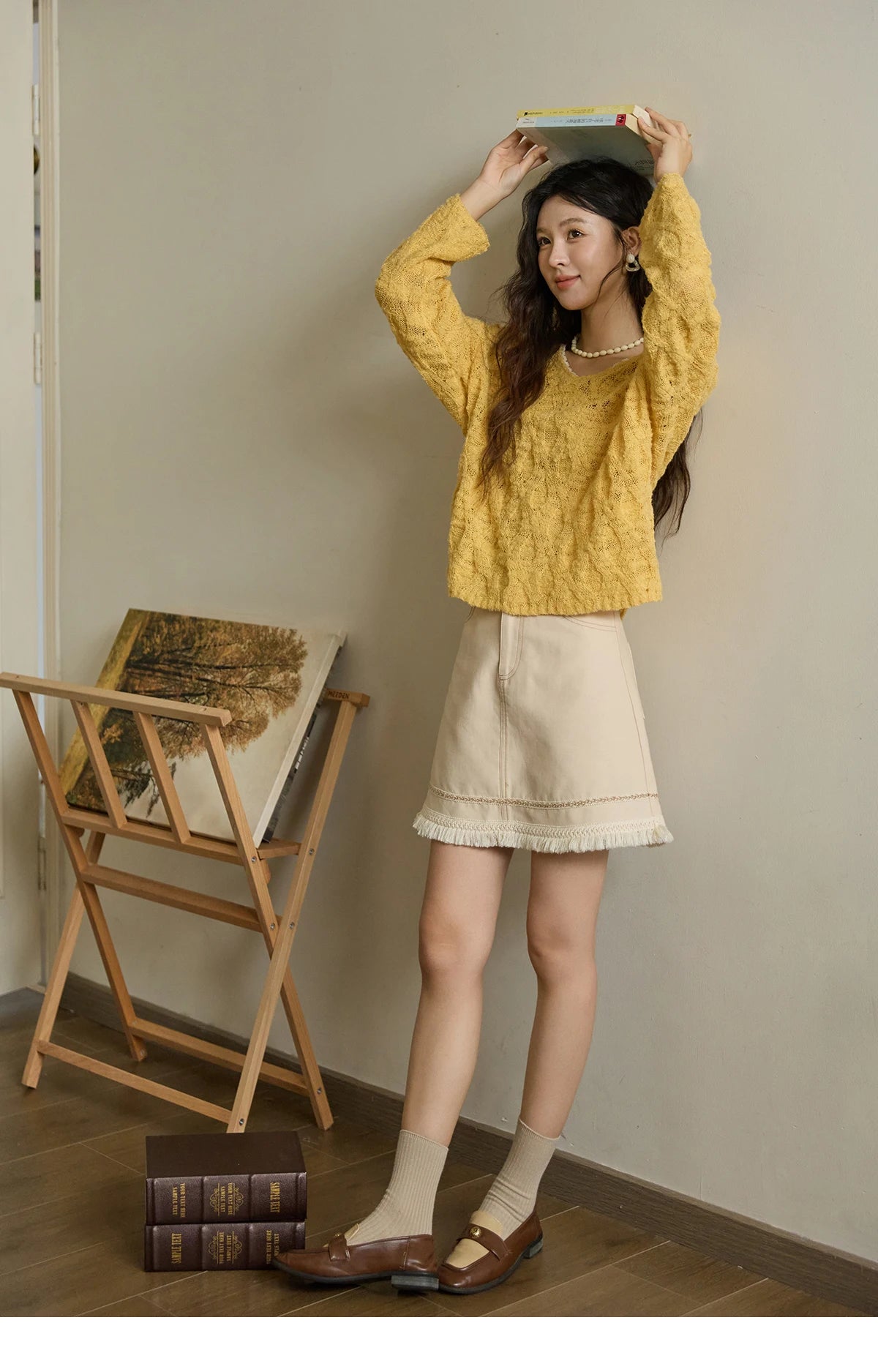 MISHOW Bamboo Loop Yarn Knitted Sweater for Women Autumn 2025 Hollow V-neck Lace Sweater Casual Solid Pullovers Tops MXE43Z1349