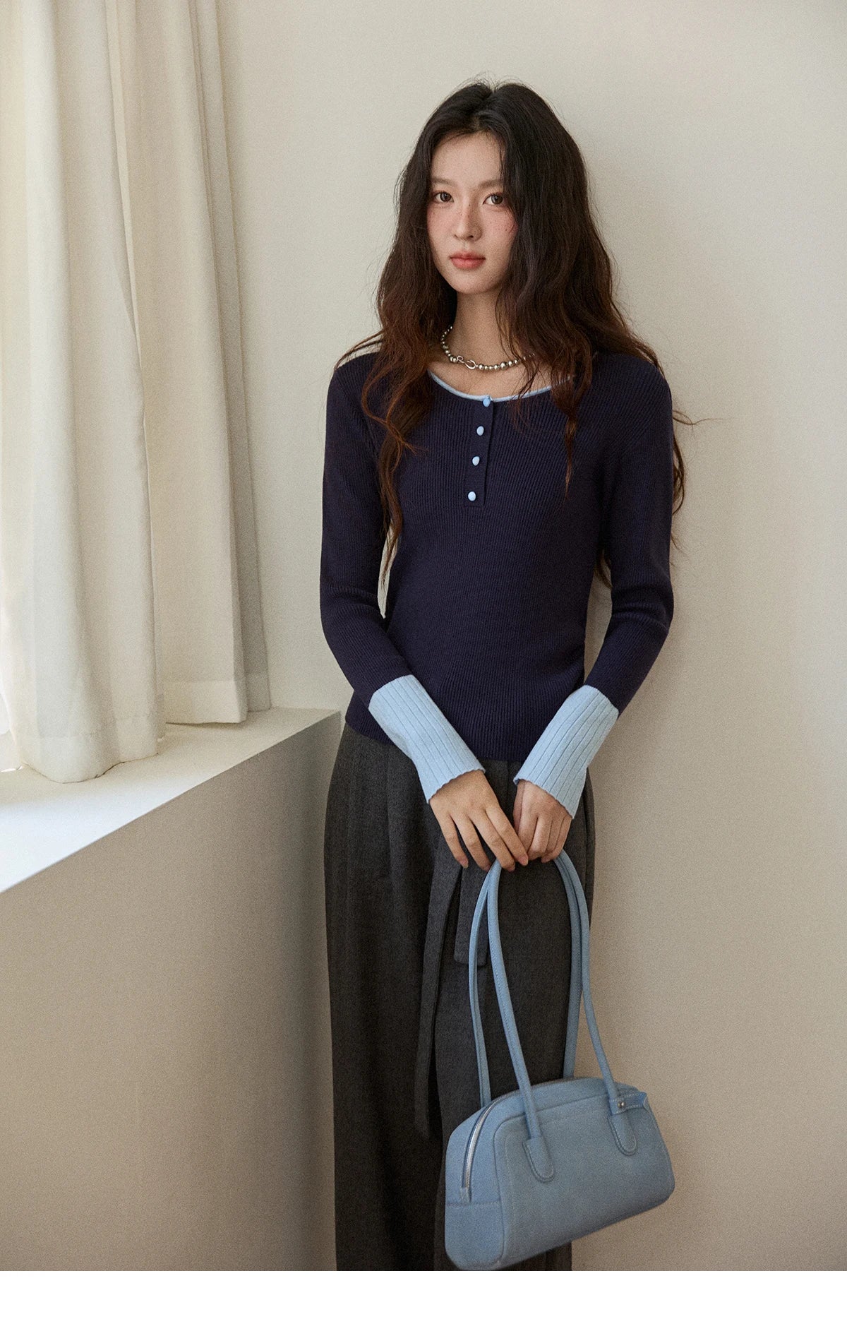 MISHOW Long Sleeves Sweater Women 2025 Winter New Retro Contrast Color Crew Neck Knit Top Comfortable Slim Sweater MXE89Z2639