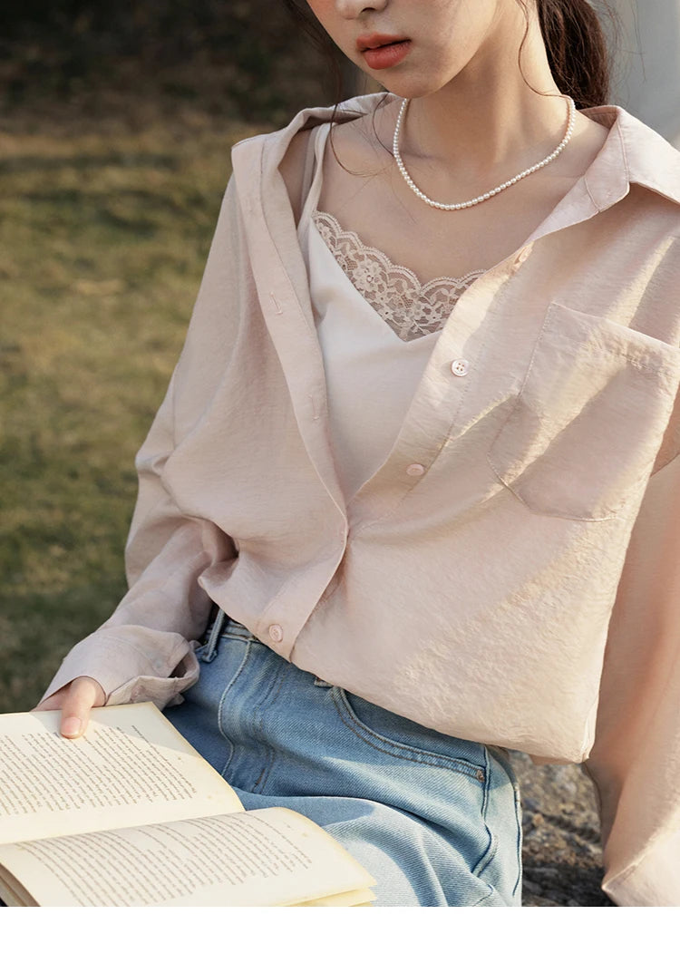 MISHOW Casual Spring Shirt Women New 2025 Long Sleeve Turn-down Collar Fake Two-piece Blouses Lady Fashion Loose Tops MXE16C0777