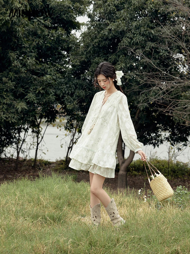 MISHOW Floral V-neck Drawn Tassels Dresses 2025 Spring Summer Hollow Out Lantern Sleeve Dresses Vacation Doll Dress MXE15L2121