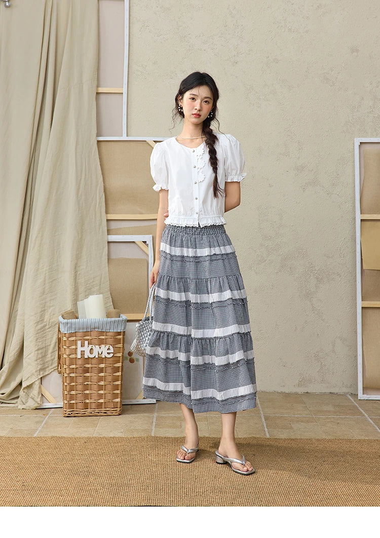 MISHOW Sweet Lace Pufff Sleeve Shirt Summer 2025 Flower Single Breasted Buttons Short Shirts Hem Elastic Waist Tops MXE34X1820