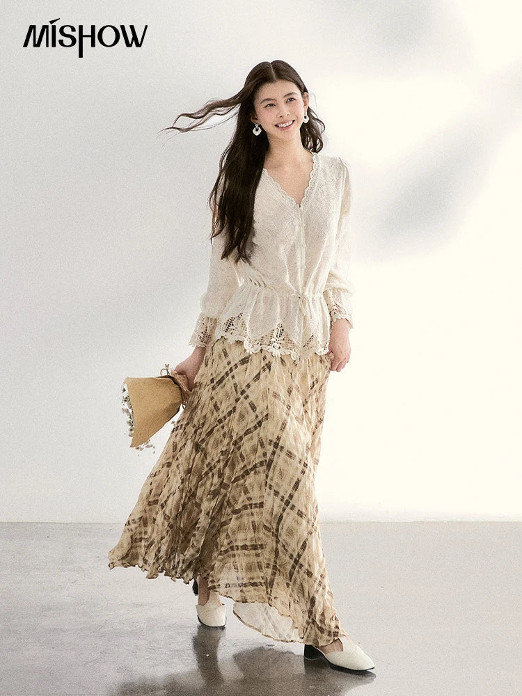 MISHOW Women's Lace V Neck Long Sleeve Shirts 2026 Spring Drawstring Waist Ruffled Hem Casual Loose Apricot Blouse MXF108X0998