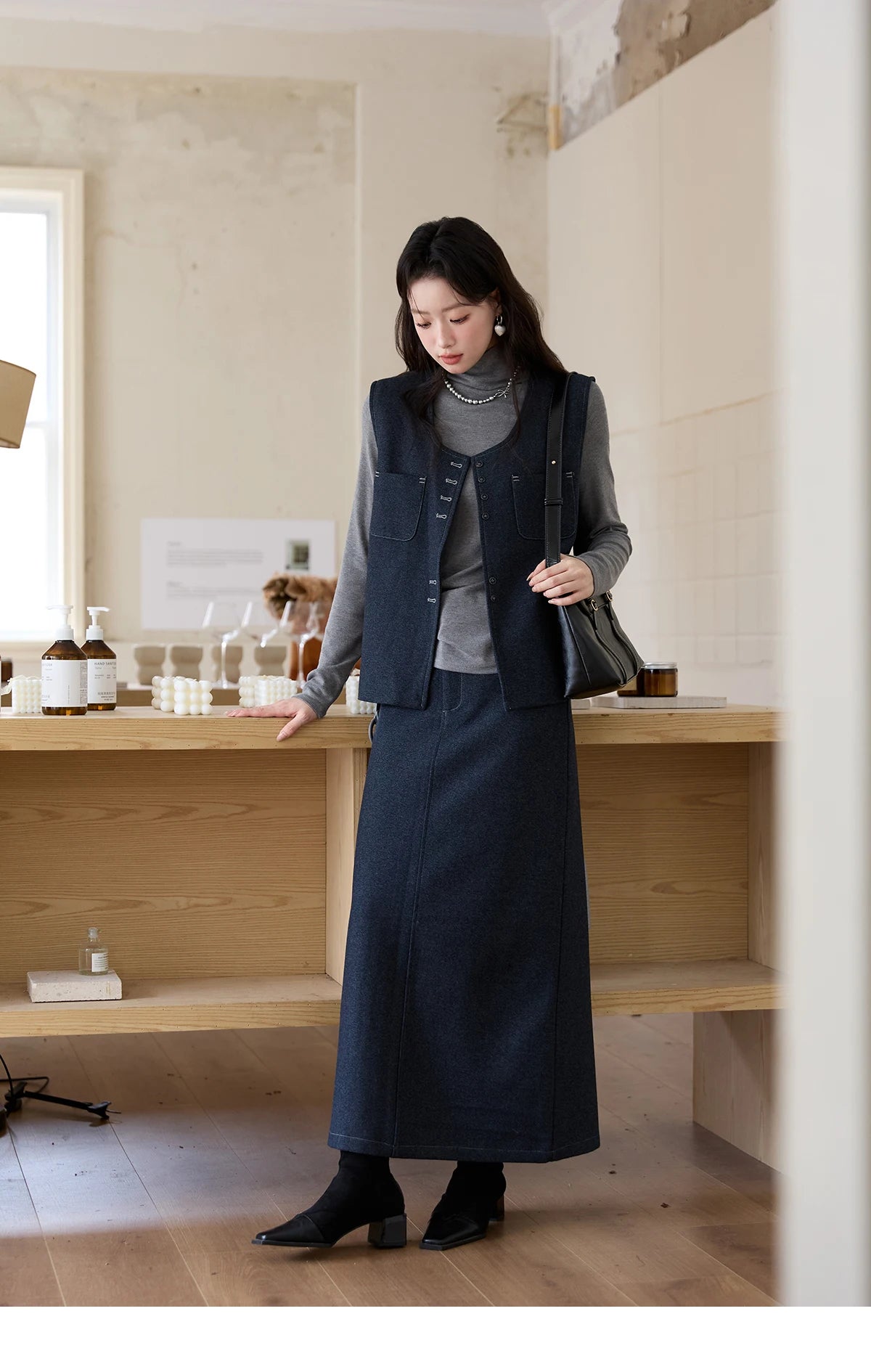 MISHOW Blue Three-piece Suit for Women 2025 Autumn Sleeveless Vest Straight Midi Skirt Slim Knit Tops Skirt Set MXE49T1421