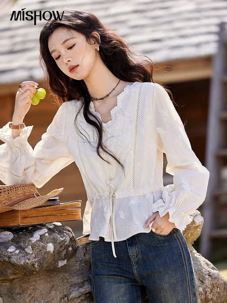MISHOW Embroidered Blouse Women 2025 Spring New French Elegant Apricot Lace Premium Drawstring Design V Neck Tops MXE11X1708