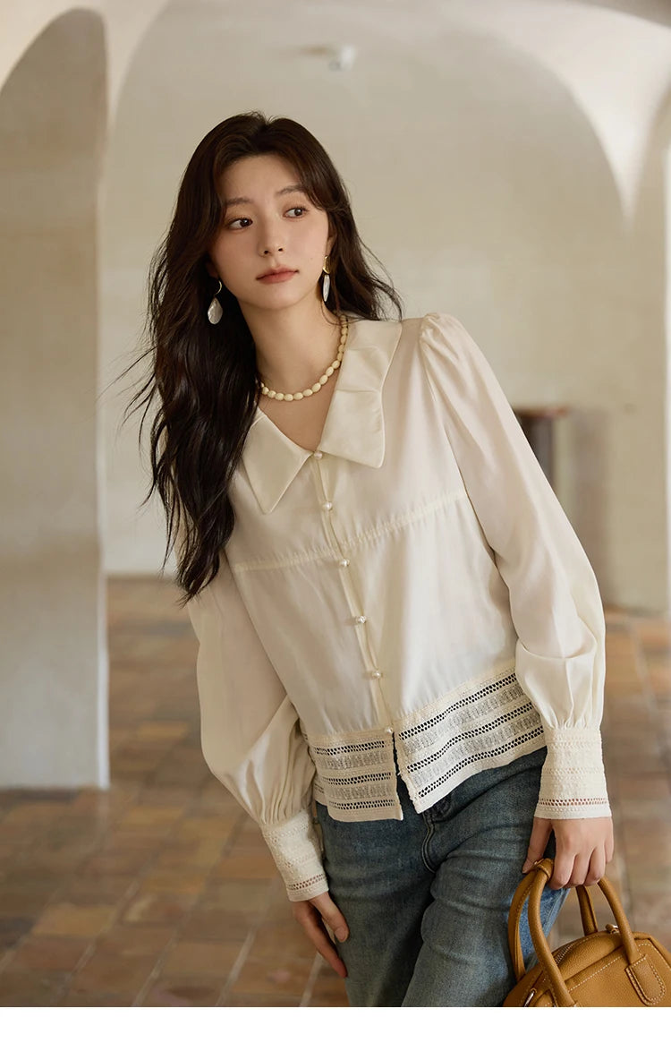 MISHOW Women's French Lace Patchwork Shirt 2025 Autumn Butterfly Collar Lantern Sleeves Apricot Elegant Commuting Top MXE41C2357