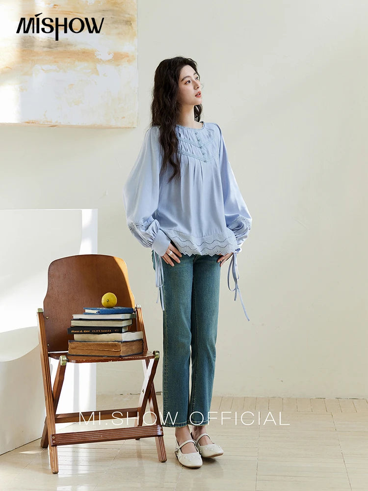 MISHOW Blue Lace Patchwork Shirt for Women 2025 Spring Sleeve Lace-up Hem Wave Edge Top Lantern Sleeve Loose Shirt MXE14X1716