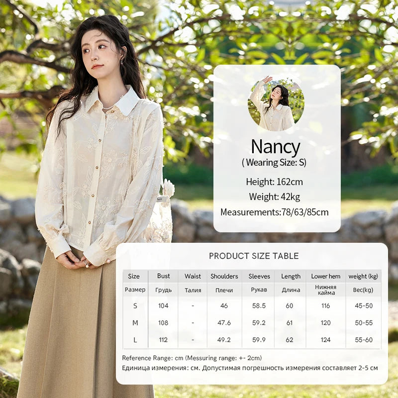 MISHOW 100Cotton Embroidered Jacquard Shirt for Women Spring 2025 Long Sleeved Loose Top Lapel Single Breasted Shirts MXE12C0391